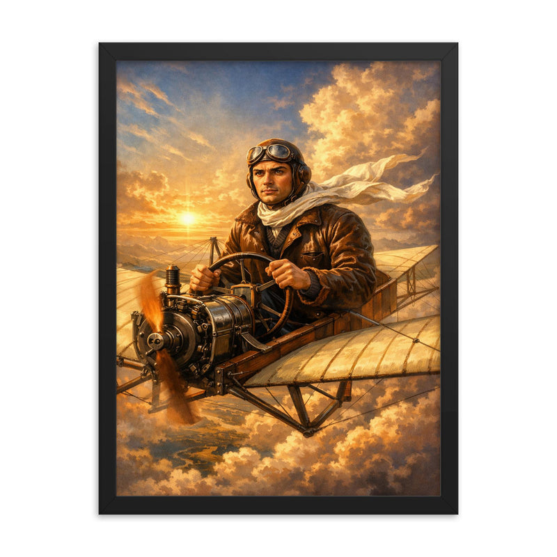 Aurel Vlaicu above early monoplane wings framed print on a plain backdrop in size 18