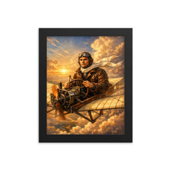 Aurel Vlaicu above early monoplane wings framed print on a plain backdrop in size 8"x10".