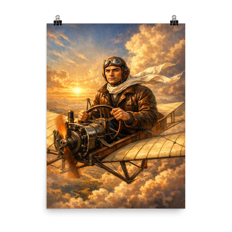 Aurel Vlaicu above early monoplane wings poster on a plain backdrop in size 8