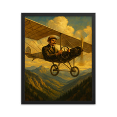 Aurel Vlaicu over the Carpathians in monoplane framed print on a plain backdrop in size 16"x20".