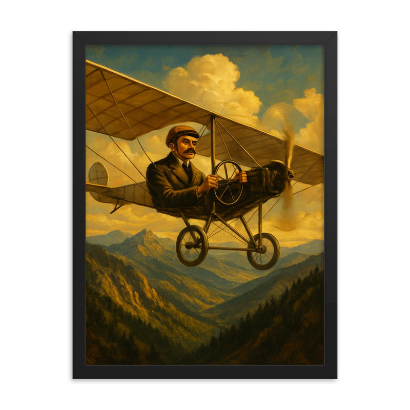 Aurel Vlaicu over the Carpathians in monoplane framed print on a plain backdrop in size 18