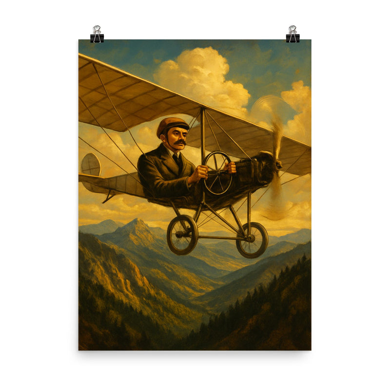 Aurel Vlaicu over the Carpathians in monoplane poster on a plain backdrop in size 8