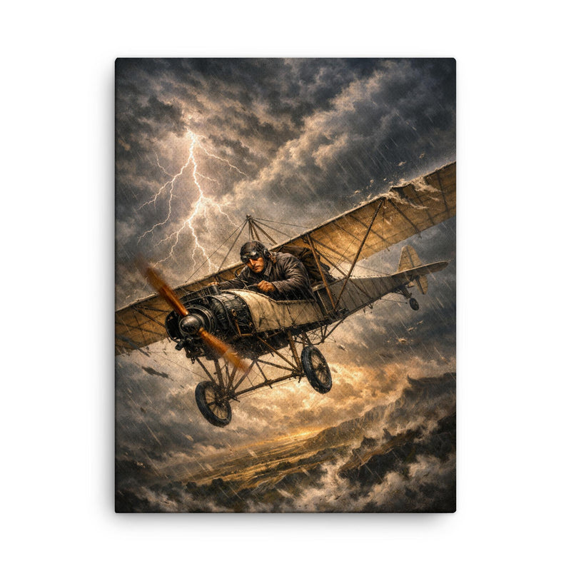 Aurel Vlaicu with fragile monoplane against storm canvas print on a plain backdrop in size 18