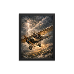 Aurel Vlaicu with fragile monoplane against storm framed print on a plain backdrop in size 12"x16".