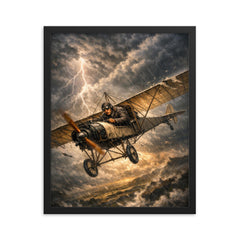 Aurel Vlaicu with fragile monoplane against storm framed print on a plain backdrop in size 16"x20".