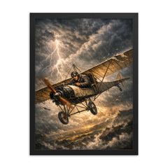 Aurel Vlaicu with fragile monoplane against storm framed print on a plain backdrop in size 18"x24".