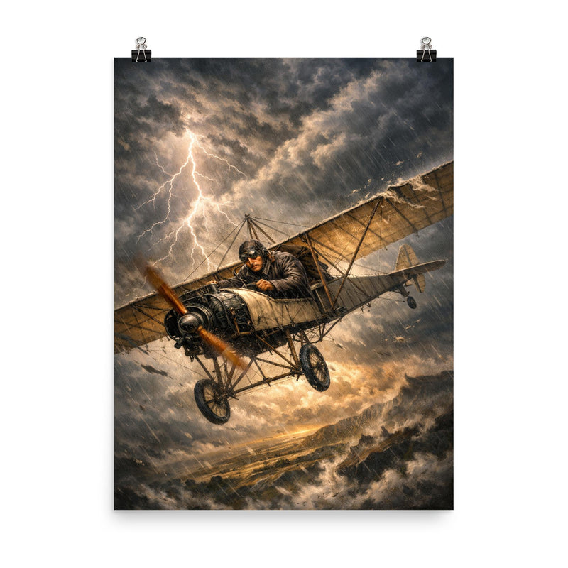 Aurel Vlaicu with fragile monoplane against storm poster on a plain backdrop in size 8