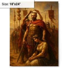 Aurelian crowned after defeating Zenobia beneath desert standards metal print on a plain backdrop in size 18"x24".