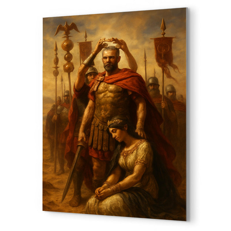 Aurelian crowned after defeating Zenobia beneath desert standards metal print mockup
