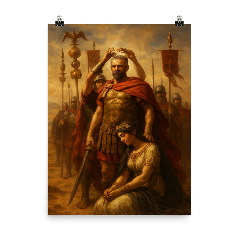 Aurelian crowned after defeating Zenobia beneath desert standards poster on a plain backdrop in size 8