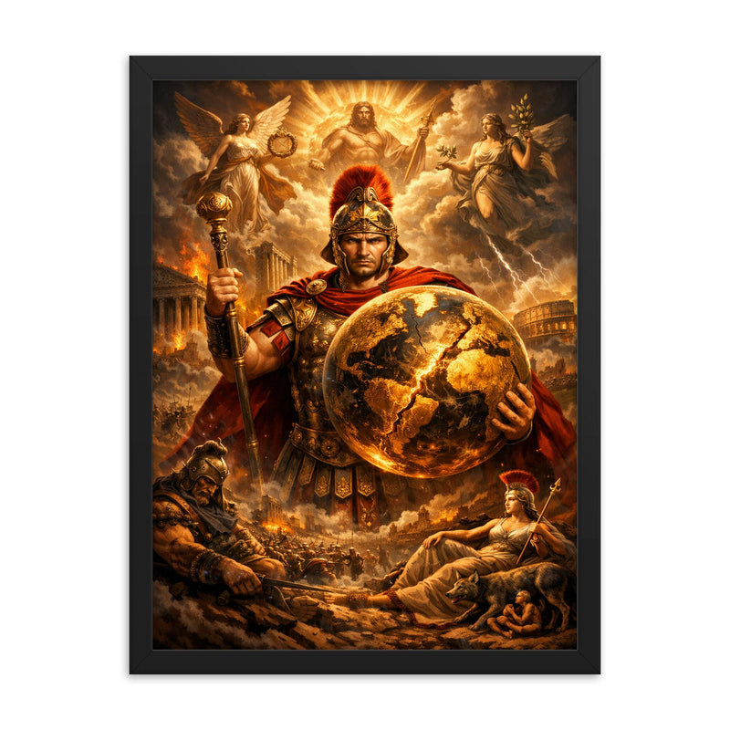Aurelian restoring the world medallic portrait framed print on a plain backdrop in size 18