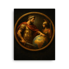 Aurelian restoring the world medallion scene canvas print on a plain backdrop in size 16"x20".