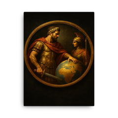 Aurelian restoring the world medallion scene canvas print on a plain backdrop in size 18"x24".