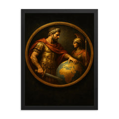 Aurelian restoring the world medallion scene framed print on a plain backdrop in size 18"x24".