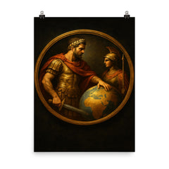 Aurelian restoring the world medallion scene poster on a plain backdrop in size 8"x10".