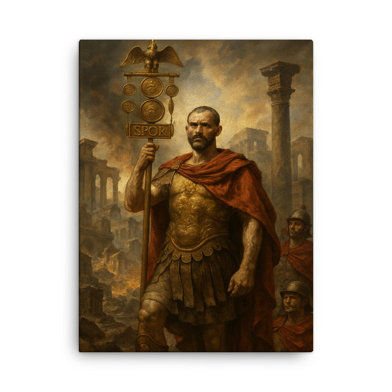 Aurelian restoring the world with legion standard canvas print on a plain backdrop in size 18