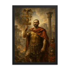 Aurelian restoring the world with legion standard framed print on a plain backdrop in size 18"x24".