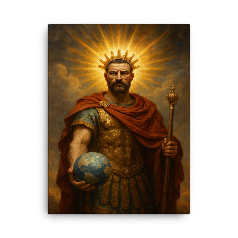 Aurelian restoring the world with radiant crown canvas print on a plain backdrop in size 18