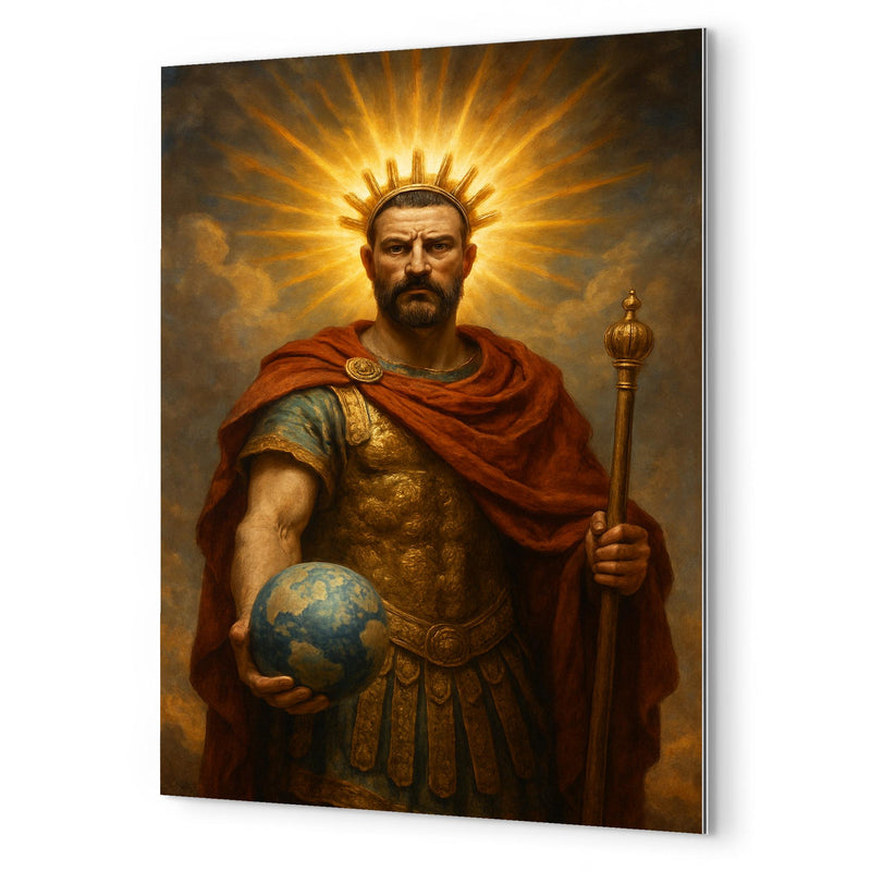 Aurelian restoring the world with radiant crown metal print mockup