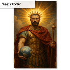 Aurelian restoring the world with radiant crown metal print on a plain backdrop in size 24"x36".