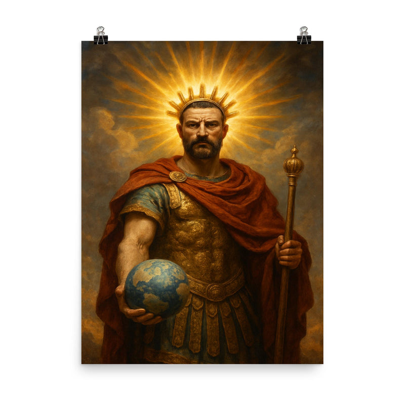 Aurelian restoring the world with radiant crown poster on a plain backdrop in size 8