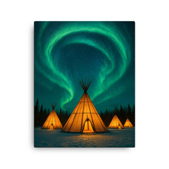 Aurora Village Yellowknife Canada canvas print on a plain backdrop in size 16"x20".