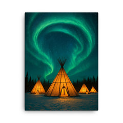 Aurora Village Yellowknife Canada canvas print on a plain backdrop in size 18"x24".