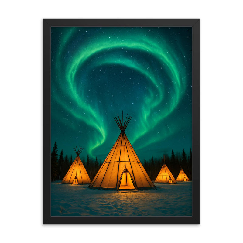 Aurora Village Yellowknife Canada framed print on a plain backdrop in size 18