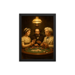 Austen, Dickens and Twain playing poker framed print on a plain backdrop in size 12"x16".