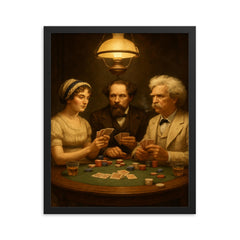 Austen, Dickens and Twain playing poker framed print on a plain backdrop in size 16"x20".