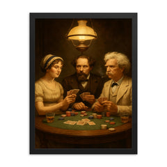 Austen, Dickens and Twain playing poker framed print on a plain backdrop in size 18"x24".