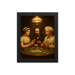 Austen, Dickens and Twain playing poker framed print on a plain backdrop in size 8"x10".