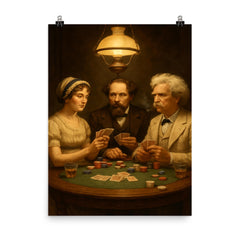 Austen, Dickens and Twain playing poker poster on a plain backdrop in size 8"x10".