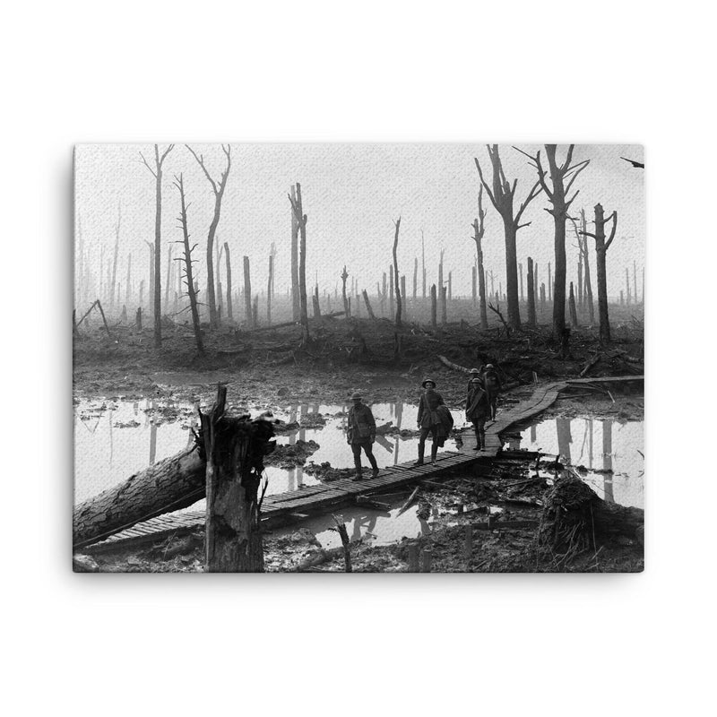 Australian Soldiers of the 4th Division Field Artillery Brigade on Duckboard Track in Château Wood, Ypres, 29 October 1917 canvas print on a plain backdrop in size 18