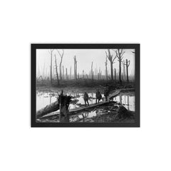 Australian Soldiers of the 4th Division Field Artillery Brigade on Duckboard Track in Château Wood, Ypres, 29 October 1917 framed print on a plain backdrop in size 12"x16".