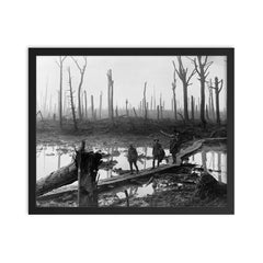 Australian Soldiers of the 4th Division Field Artillery Brigade on Duckboard Track in Château Wood, Ypres, 29 October 1917 framed print on a plain backdrop in size 16"x20".