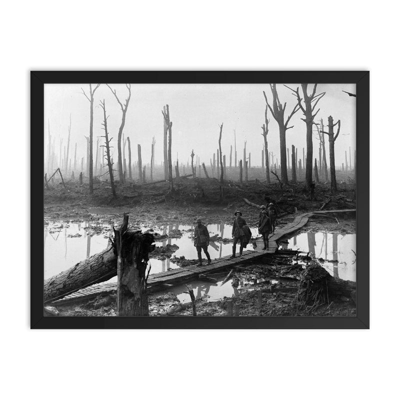 Australian Soldiers of the 4th Division Field Artillery Brigade on Duckboard Track in Château Wood, Ypres, 29 October 1917 framed print on a plain backdrop in size 18