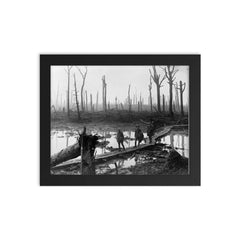 Australian Soldiers of the 4th Division Field Artillery Brigade on Duckboard Track in Château Wood, Ypres, 29 October 1917 framed print on a plain backdrop in size 8"x10".