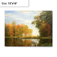 Autumn Woods by Albert Bierstadt metal print on a plain backdrop in size 12"x16".