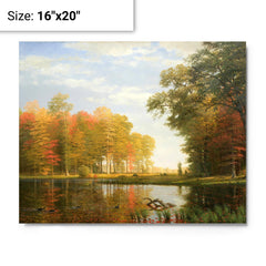 Autumn Woods by Albert Bierstadt metal print on a plain backdrop in size 16"x20".