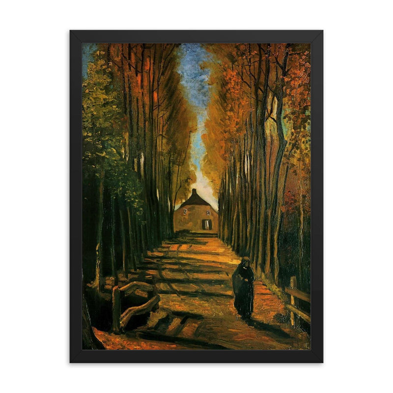 Avenue of Poplars at Sunset by Vincent van Gogh, 1884 framed print on a plain backdrop in size 18