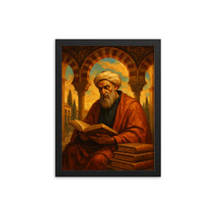 Averroes beneath Andalusian arches and books framed print on a plain backdrop in size 12"x16".