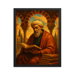 Averroes beneath Andalusian arches and books framed print on a plain backdrop in size 16"x20".