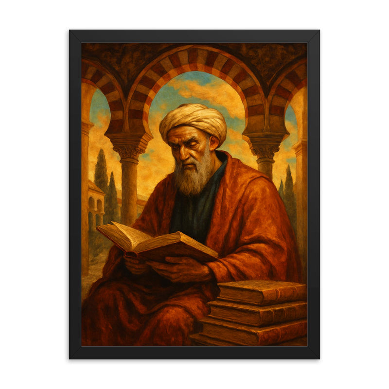 Averroes beneath Andalusian arches and books framed print on a plain backdrop in size 18