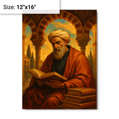 Averroes beneath Andalusian arches and books metal print on a plain backdrop in size 12"x16".
