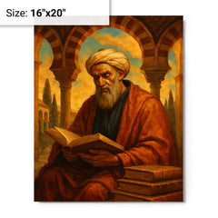 Averroes beneath Andalusian arches and books metal print on a plain backdrop in size 16"x20".