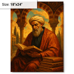 Averroes beneath Andalusian arches and books metal print on a plain backdrop in size 18"x24".