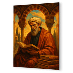 Averroes beneath Andalusian arches and books metal print mockup