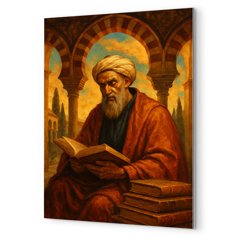 Averroes beneath Andalusian arches and books metal print mockup