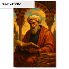 Averroes beneath Andalusian arches and books metal print on a plain backdrop in size 24"x36".